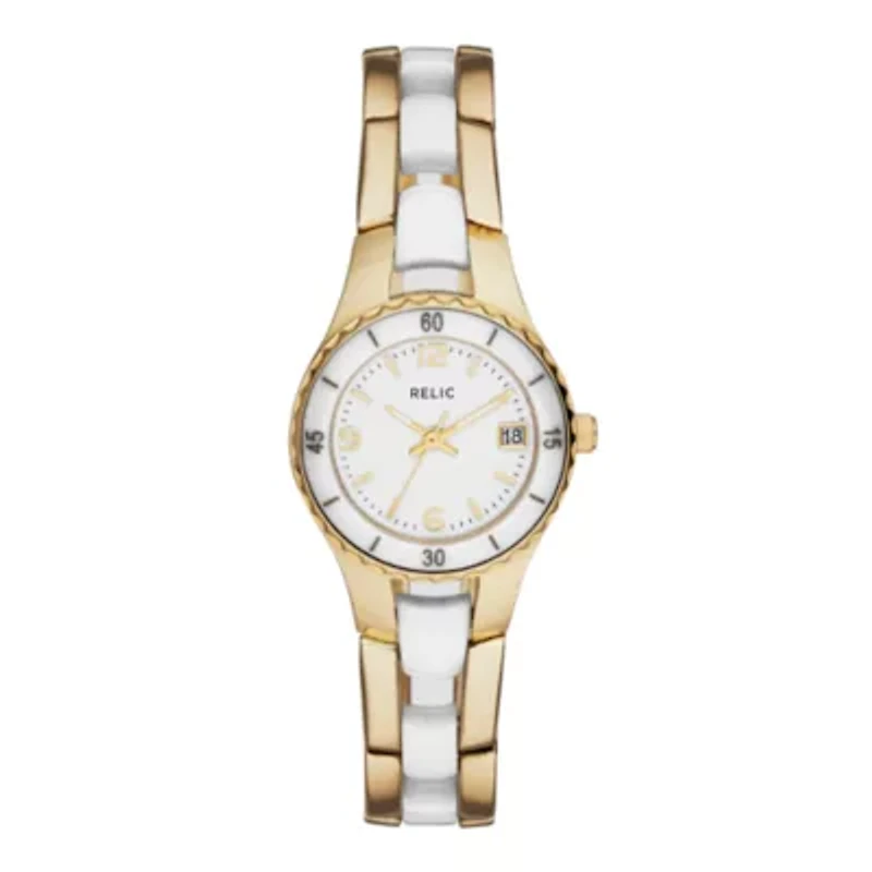 Relic® Char Womens Gold-Tone & White Ceramic Bracelet Sport Watch ZR12157
