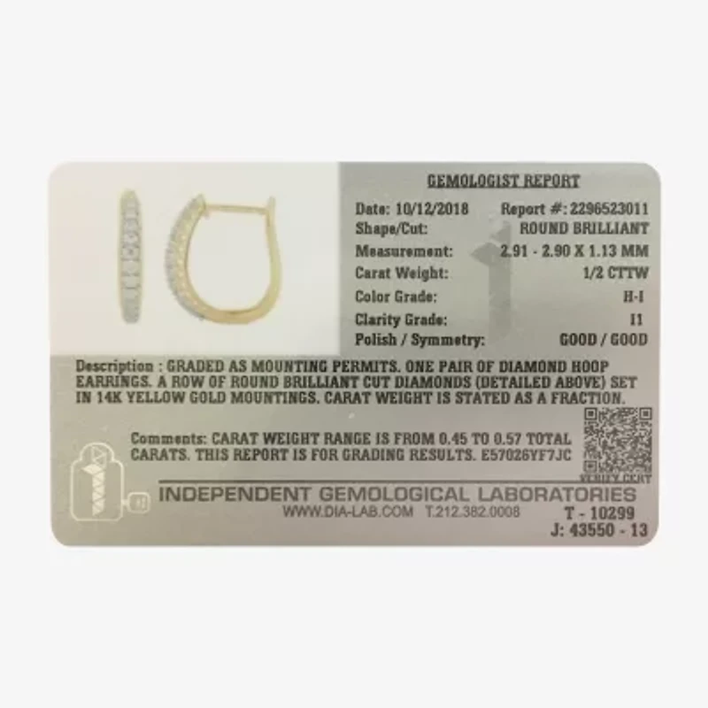 Womens 1/2 CT. T.W. Natural White Diamond 14K Gold 20.1mm Hoop Earrings