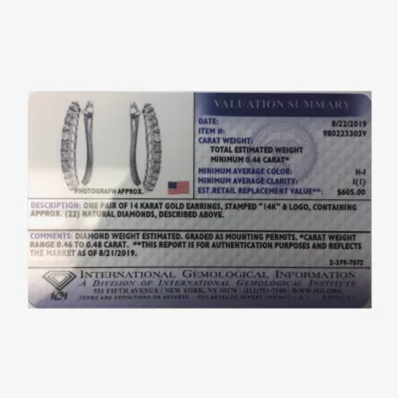 Womens 1/2 CT. T.W. Natural White Diamond 14K Gold 20.1mm Hoop Earrings