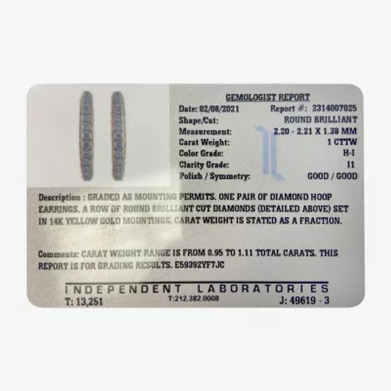 Womens 1 CT. T.W. Natural White Diamond 14K Gold 24.9mm Hoop Earrings