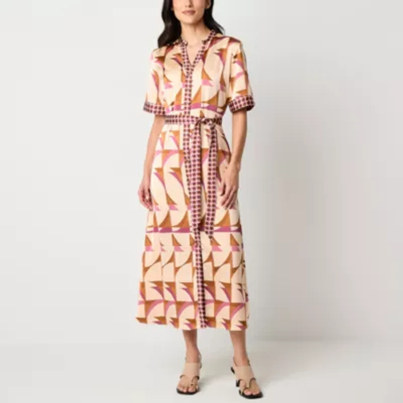 Worthington Womens Short Sleeve Geometric Shirt Dress