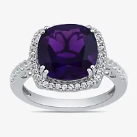 Womens Lab Created Purple Amethyst Sterling Silver Cushion Halo Side Stone Cocktail Ring