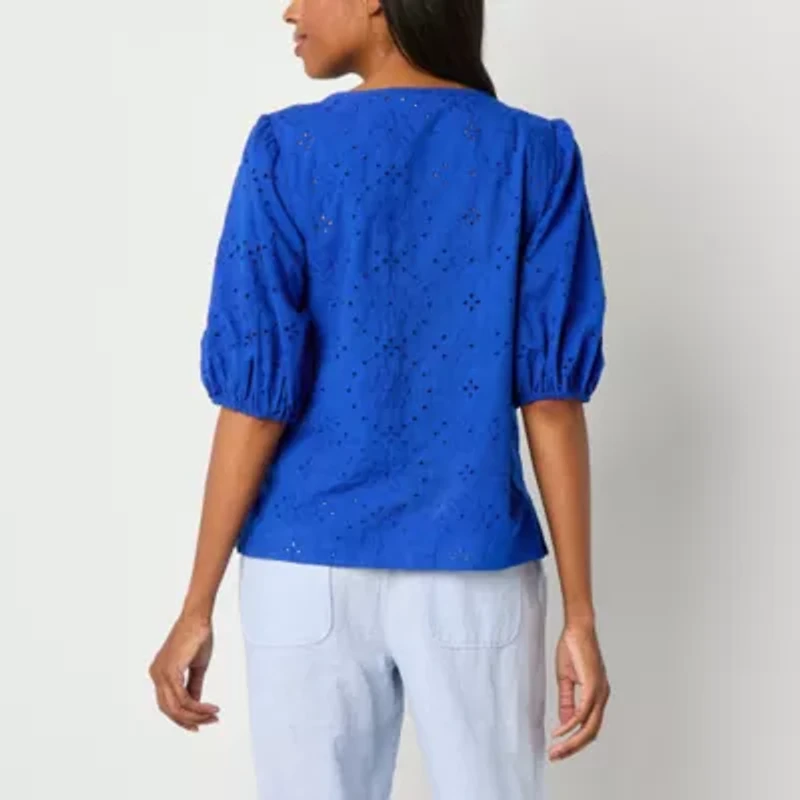 Liz Claiborne Womens Split Crew Neck Short Sleeve Blouse