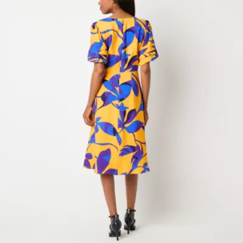 Liz Claiborne Womens Short Sleeve Midi Floral A-Line Dress