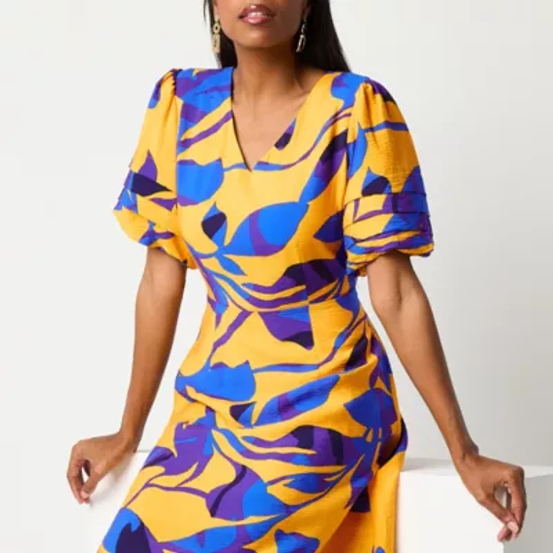 Liz Claiborne Womens Short Sleeve Midi Floral A-Line Dress