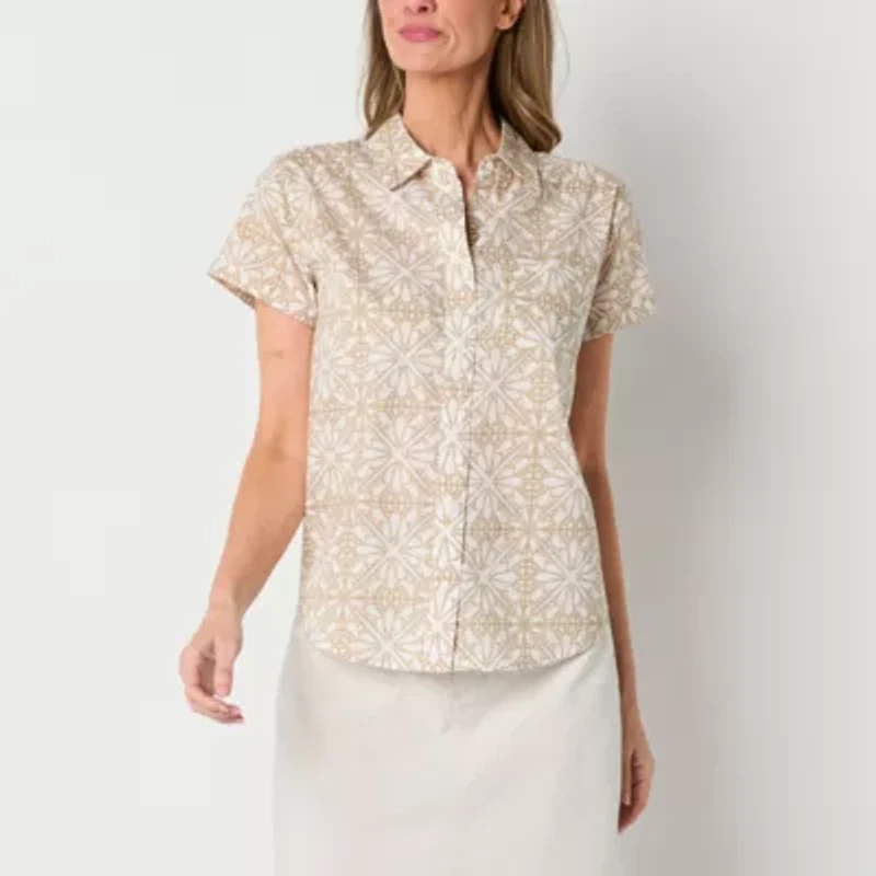 St. John's Bay Womens Easy-on + Easy-off Hidden Access Opening Short Sleeve Roll Regular Fit Button-Down Shirt