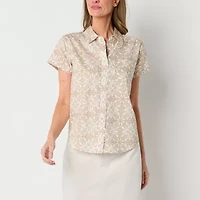 St. John's Bay Womens Easy-on + Easy-off Hidden Access Opening Short Sleeve Roll Regular Fit Button-Down Shirt