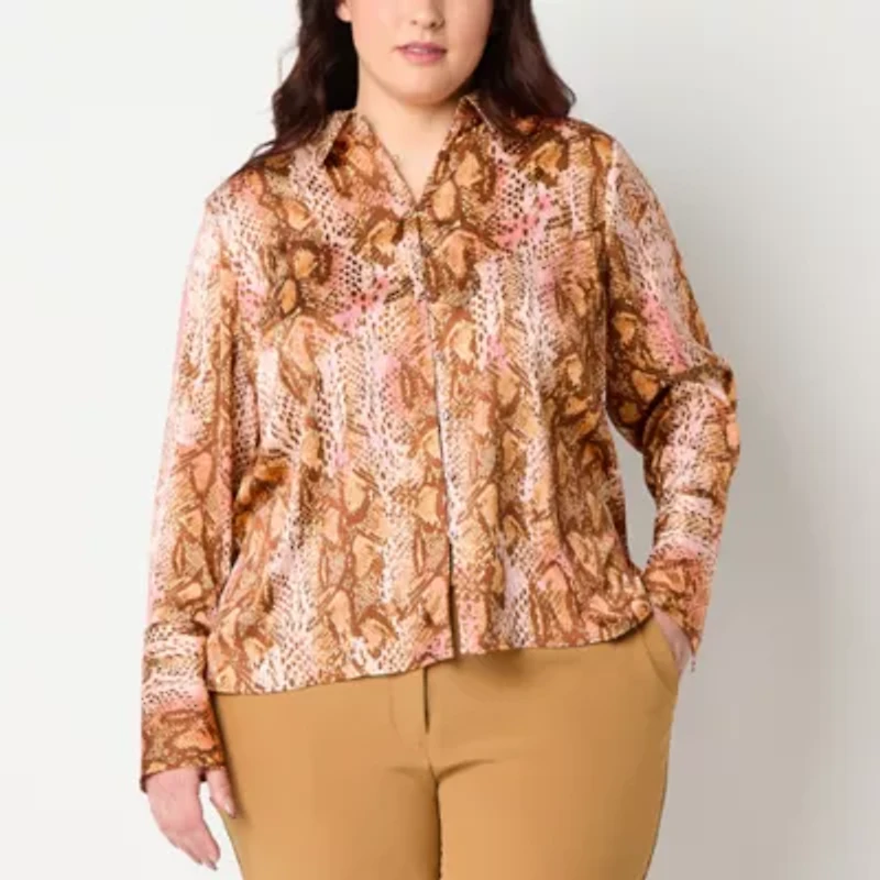 Worthington Womens Plus Long Sleeve Cuffed Fitted Button-Down Shirt