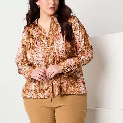Worthington Womens Plus Long Sleeve Cuffed Fitted Button-Down Shirt