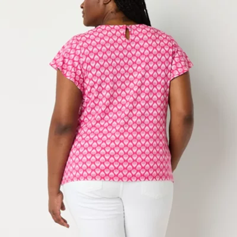 Liz Claiborne Womens Plus Round Neck Short Sleeve Blouse