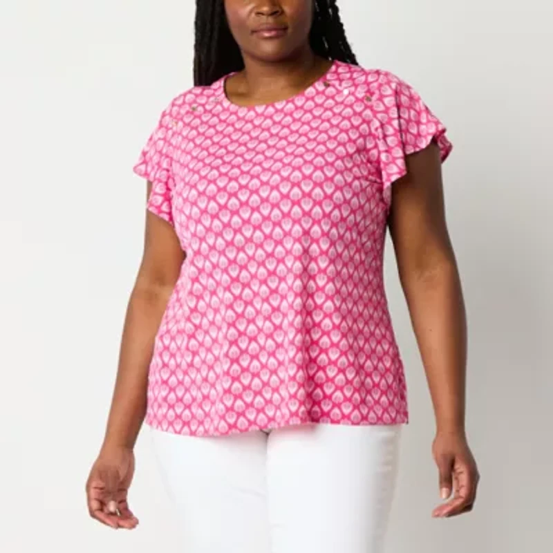 Liz Claiborne Womens Plus Round Neck Short Sleeve Blouse