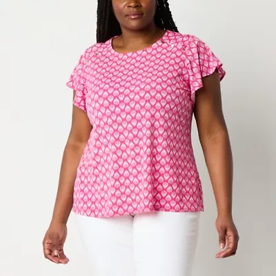 Liz Claiborne Womens Plus Round Neck Short Sleeve Blouse