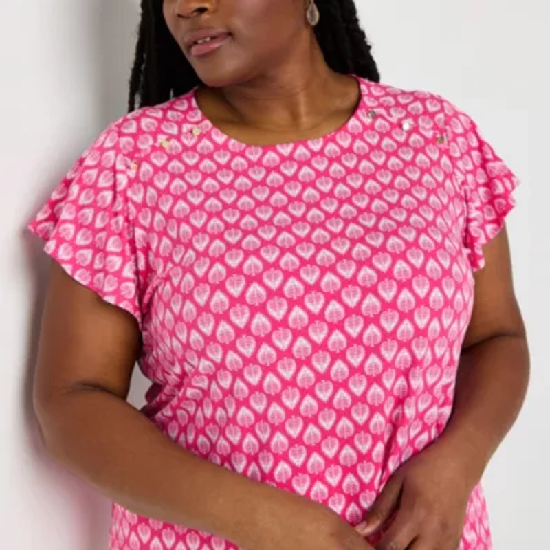 Liz Claiborne Womens Plus Round Neck Short Sleeve Blouse