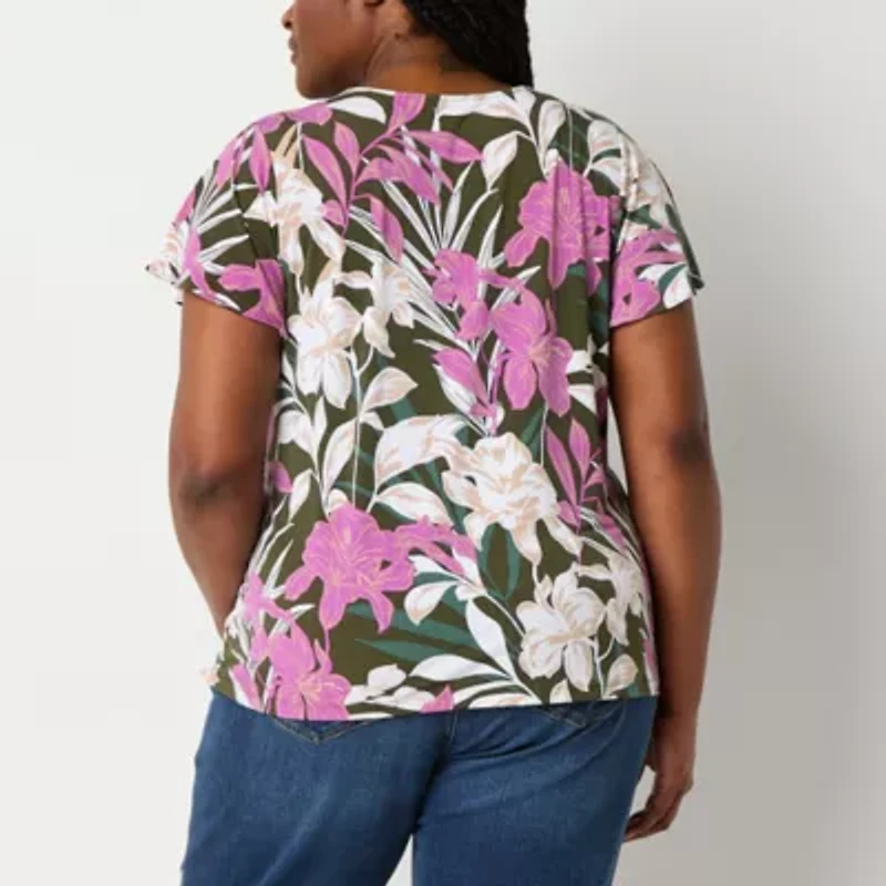 Liz Claiborne Womens Plus V Neck Short Sleeve Blouse