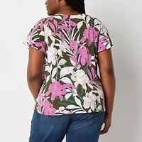 Liz Claiborne Womens Plus V Neck Short Sleeve Blouse