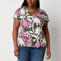 Liz Claiborne Womens Plus V Neck Short Sleeve Blouse