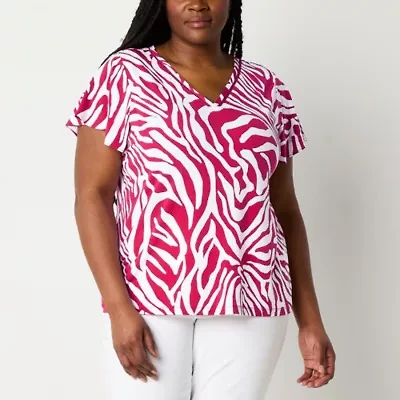 Liz Claiborne Womens Plus V Neck Short Sleeve Blouse