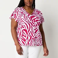 Liz Claiborne Womens Plus V Neck Short Sleeve Blouse