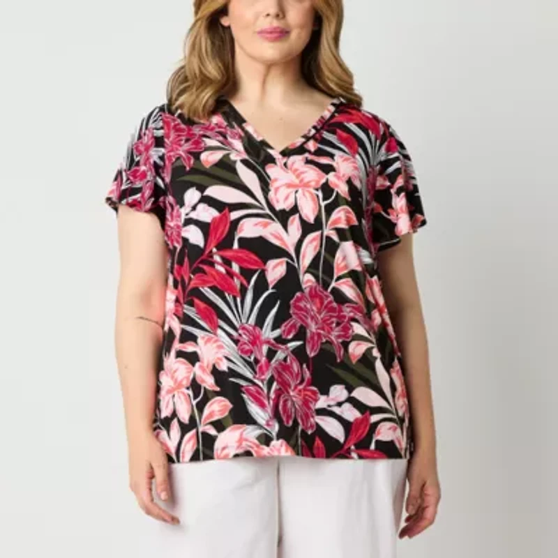 Liz Claiborne Womens V Neck Short Sleeve Plus Blouse