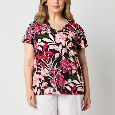 Liz Claiborne Womens V Neck Short Sleeve Plus Blouse