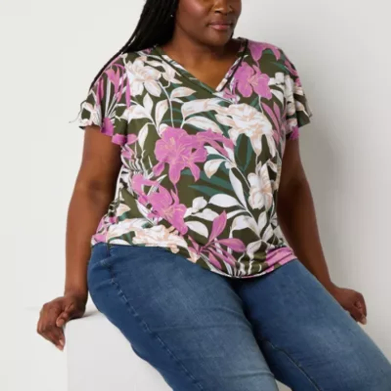 Liz Claiborne Womens Plus V Neck Short Sleeve Blouse