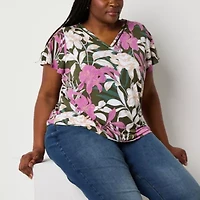 Liz Claiborne Womens Plus V Neck Short Sleeve Blouse