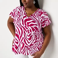 Liz Claiborne Womens Plus V Neck Short Sleeve Blouse