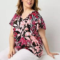 Liz Claiborne Womens V Neck Short Sleeve Plus Blouse