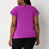 Liz Claiborne Womens Plus Round Neck Short Sleeve Blouse