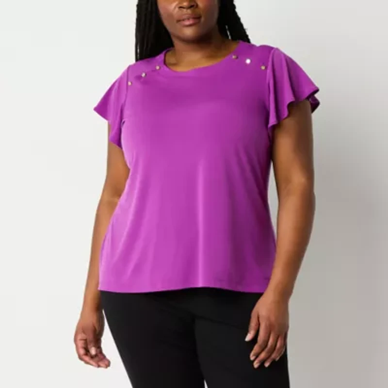 Liz Claiborne Womens Plus Round Neck Short Sleeve Blouse