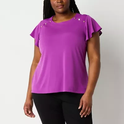 Liz Claiborne Womens Plus Round Neck Short Sleeve Blouse