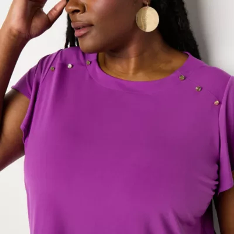 Liz Claiborne Womens Plus Round Neck Short Sleeve Blouse