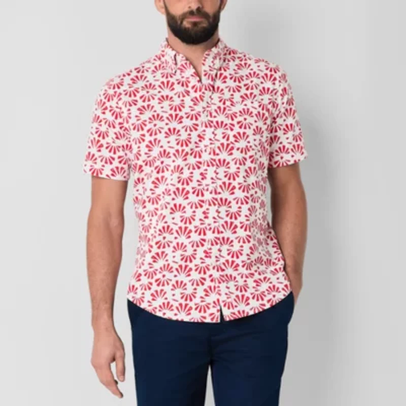 St. John's Bay Printed Chambray Mens Short Sleeve Classic Fit Button-Down Shirt