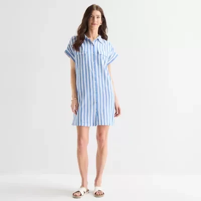 St. John's Bay Womens Short Sleeve Striped Sheath Dress