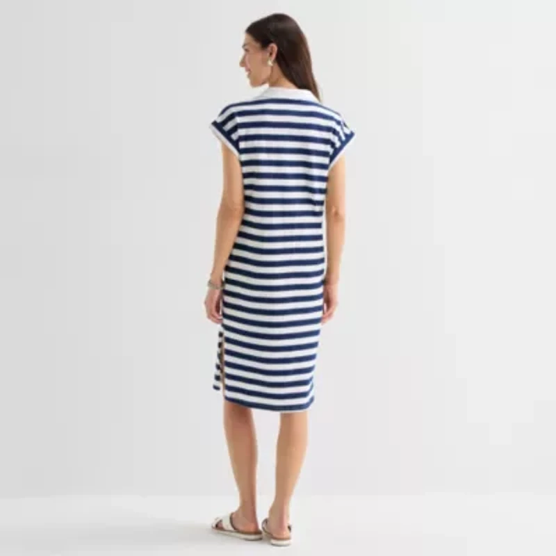 St. John's Bay Womens Short Sleeve Midi Striped Shirt Dress