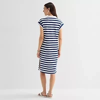 St. John's Bay Womens Short Sleeve Midi Striped Shirt Dress