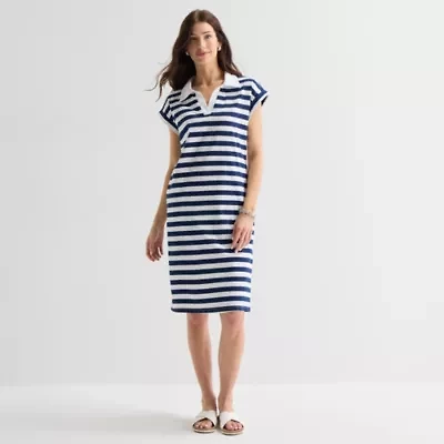 St. John's Bay Womens Short Sleeve Midi Striped Shirt Dress