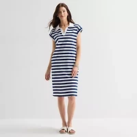 St. John's Bay Womens Short Sleeve Midi Striped Shirt Dress