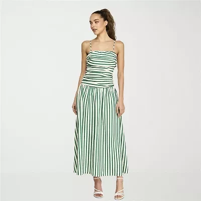 belle vie Womens Sleeveless Striped Midi Drop Waist Dress