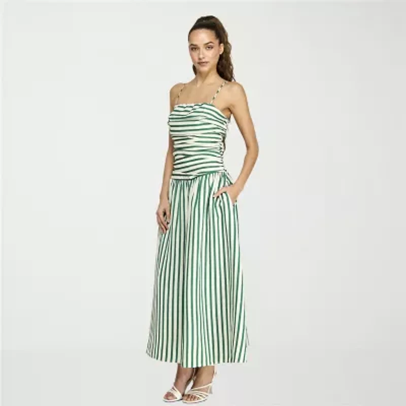 belle vie Womens Sleeveless Striped Midi Drop Waist Dress