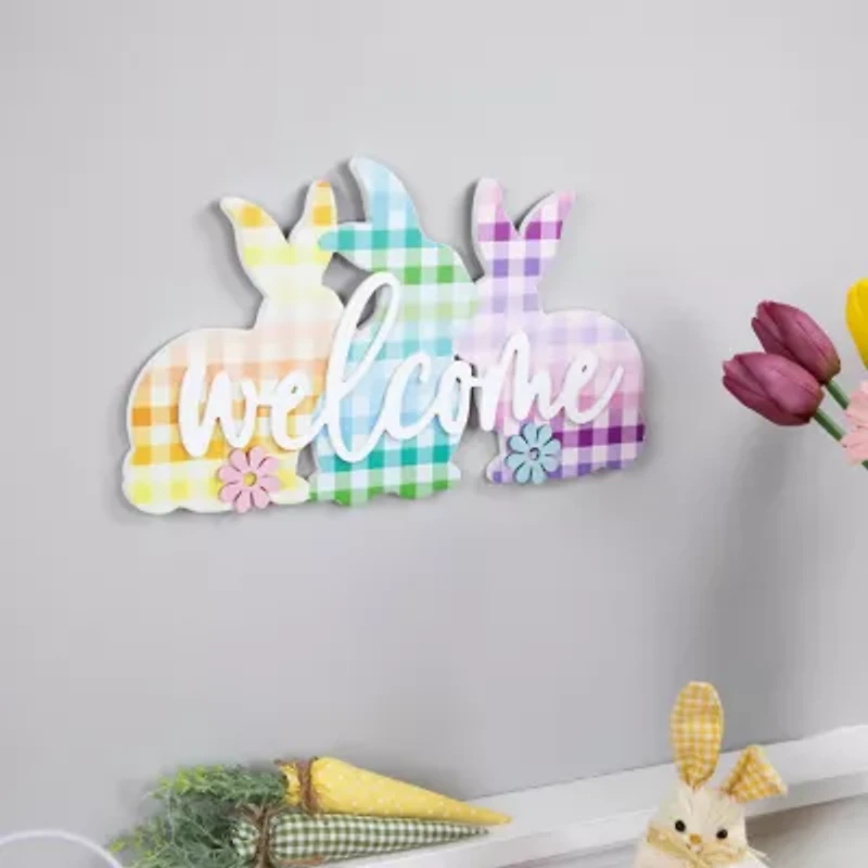 Northlight 14" Gingham Bunnies Welcome Wall Sign