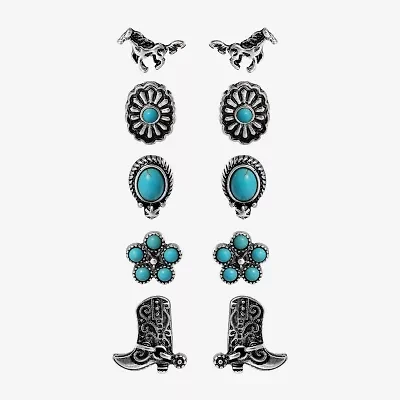 JS Jessica Simpson Silver Tone Western Stud Womens Turquoise Flower 5 Pair Earring Set