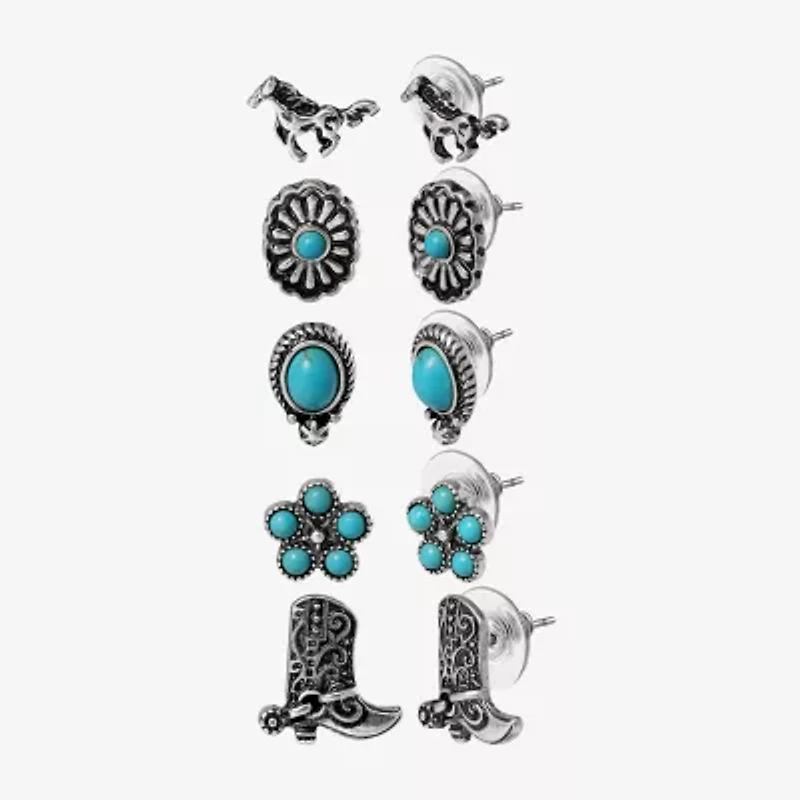 JS Jessica Simpson Silver Tone Western Stud Womens Turquoise Flower 5 Pair Earring Set
