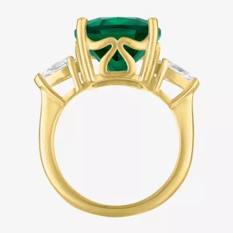 Womens Simulated Green Emerald 14K Gold Over Silver Cushion 3-Stone Cocktail Ring