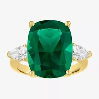 Womens Simulated Green Emerald 14K Gold Over Silver Cushion 3-Stone Cocktail Ring