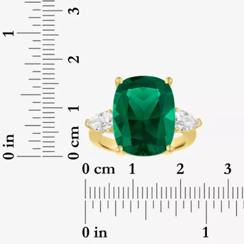 Womens Simulated Green Emerald 14K Gold Over Silver Cushion 3-Stone Cocktail Ring