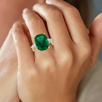 Womens Simulated Green Emerald 14K Gold Over Silver Cushion 3-Stone Cocktail Ring