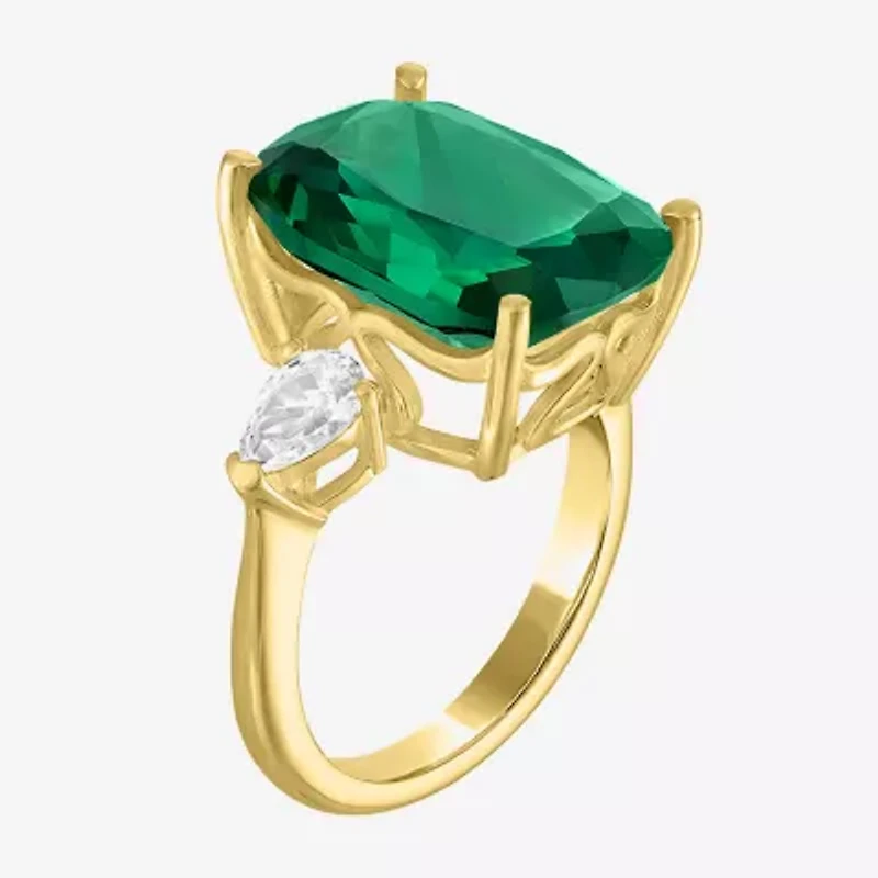 Womens Simulated Green Emerald 14K Gold Over Silver Cushion 3-Stone Cocktail Ring
