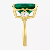 Womens Simulated Green Emerald 14K Gold Over Silver Cushion 3-Stone Cocktail Ring