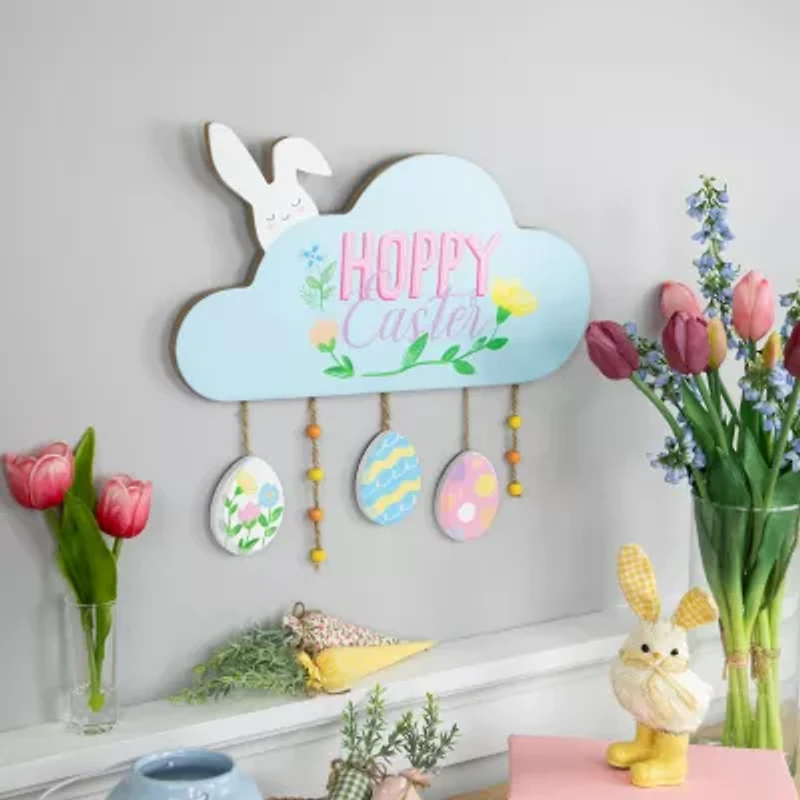 Northlight 16" Hoppy Wooden  With Bunny And Eggs Wall Sign